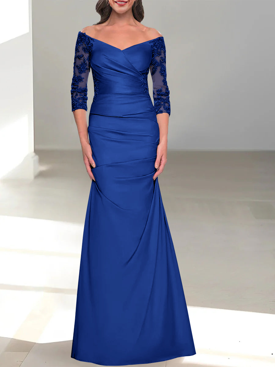 Robe de Mère de la Mariée Trompette/Sirène à Épaules Dénudées et Manches 3/4 avec Perles