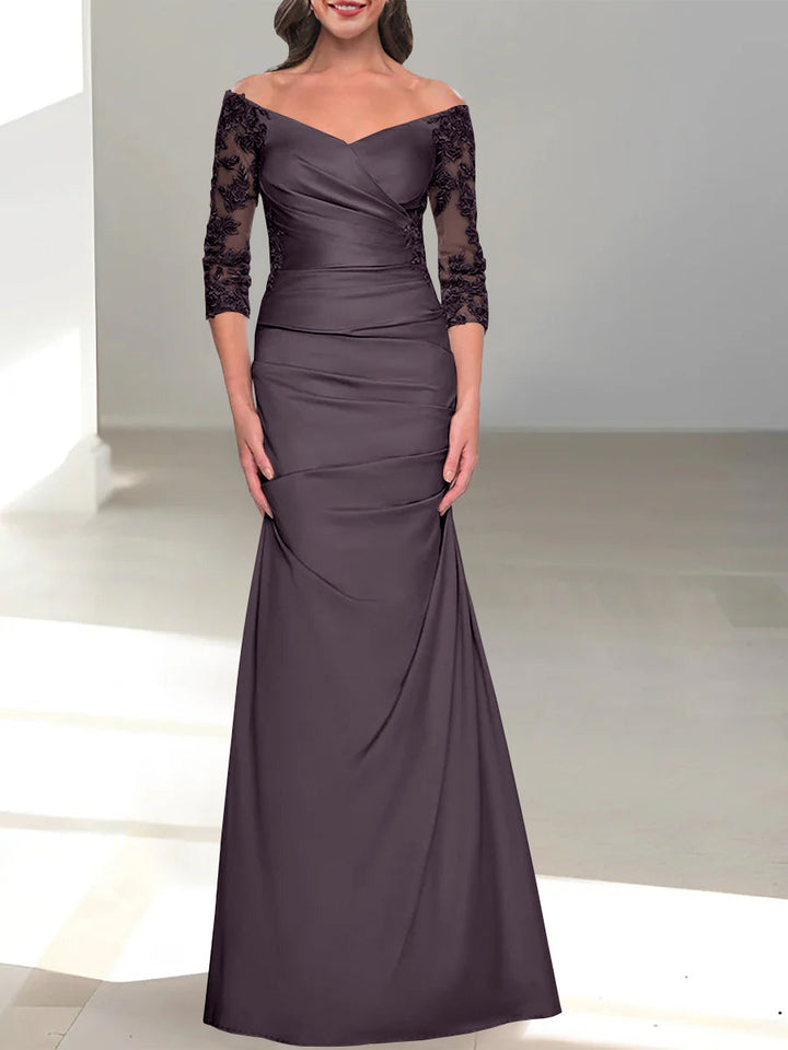 Robe de Mère de la Mariée Trompette/Sirène à Épaules Dénudées et Manches 3/4 avec Perles