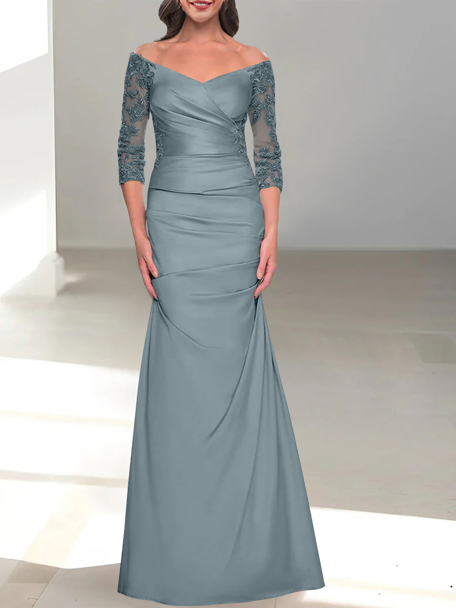 Robe de Mère de la Mariée Trompette/Sirène à Épaules Dénudées et Manches 3/4 avec Perles
