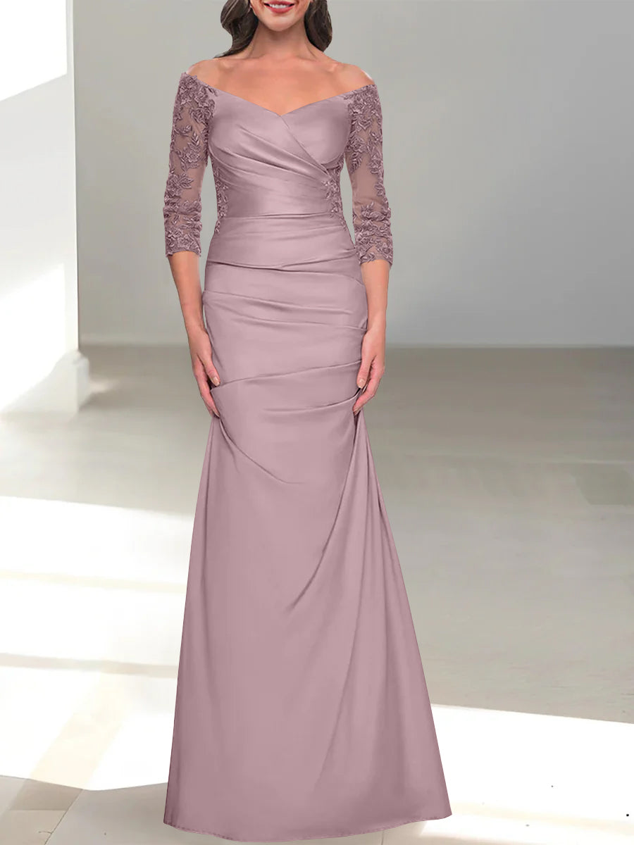 Robe de Mère de la Mariée Trompette/Sirène à Épaules Dénudées et Manches 3/4 avec Perles