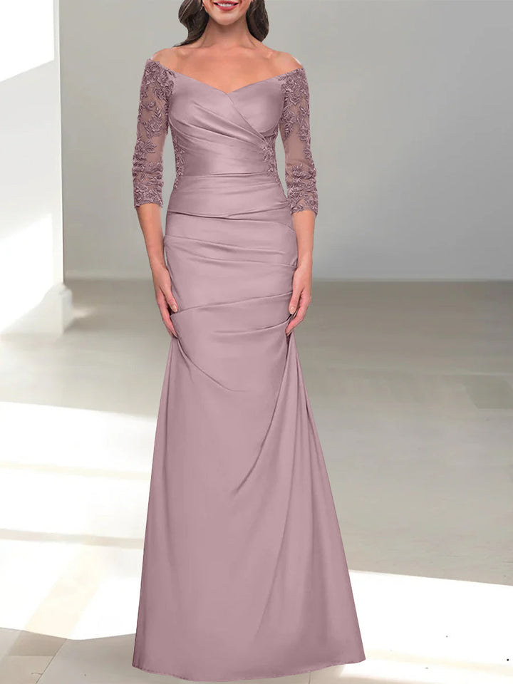 Robe de Mère de la Mariée Trompette/Sirène à Épaules Dénudées et Manches 3/4 avec Perles