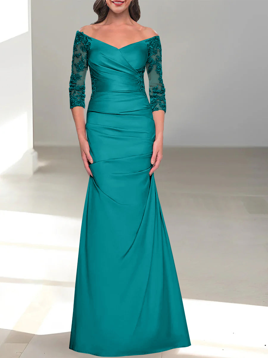 Robe de Mère de la Mariée Trompette/Sirène à Épaules Dénudées et Manches 3/4 avec Perles