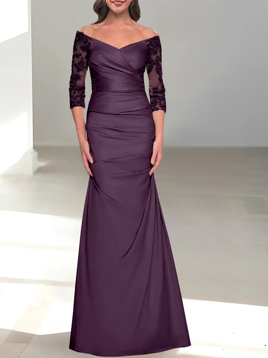Robe de Mère de la Mariée Trompette/Sirène à Épaules Dénudées et Manches 3/4 avec Perles
