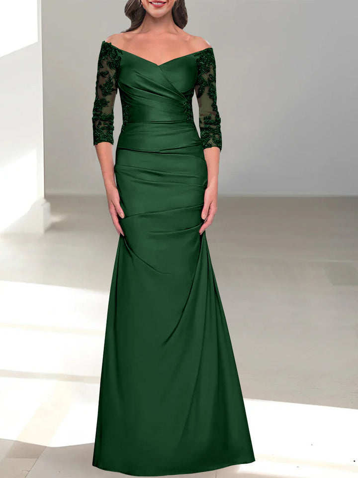 Robe de Mère de la Mariée Trompette/Sirène à Épaules Dénudées et Manches 3/4 avec Perles