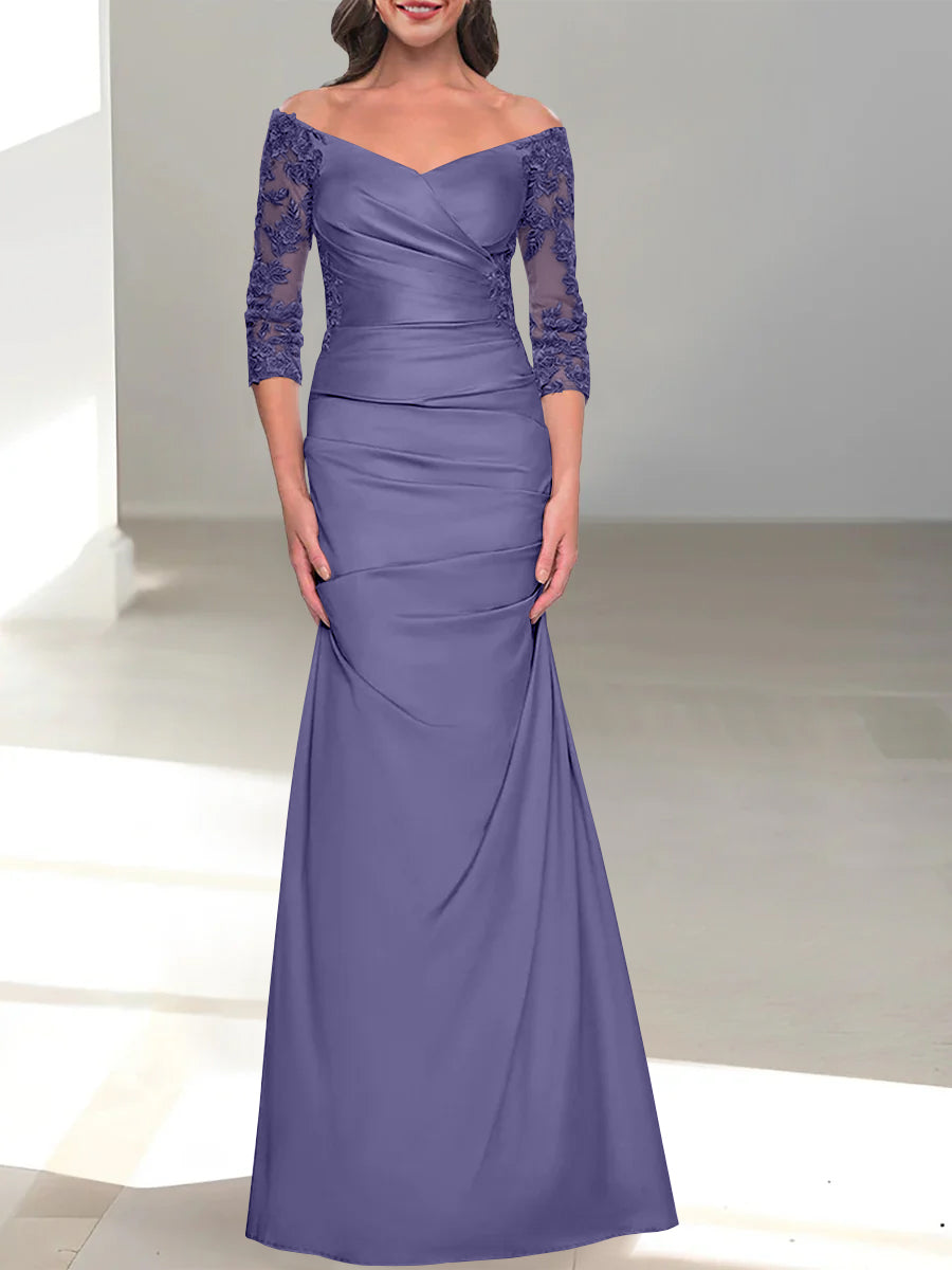 Robe de Mère de la Mariée Trompette/Sirène à Épaules Dénudées et Manches 3/4 avec Perles