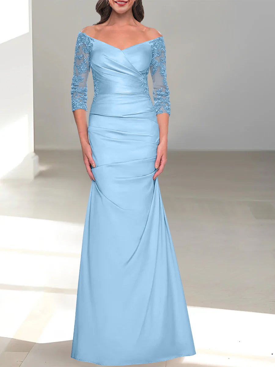 Robe de Mère de la Mariée Trompette/Sirène à Épaules Dénudées et Manches 3/4 avec Perles