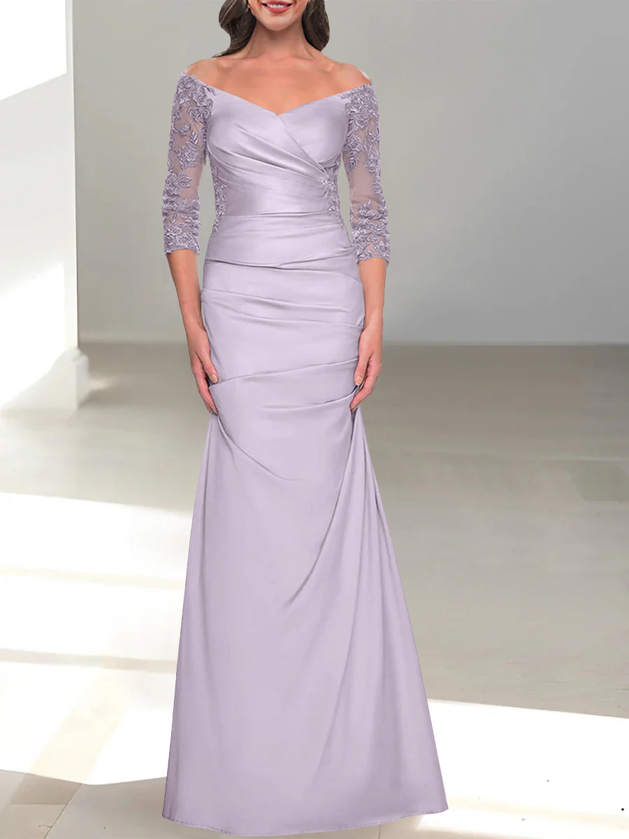 Robe de Mère de la Mariée Trompette/Sirène à Épaules Dénudées et Manches 3/4 avec Perles