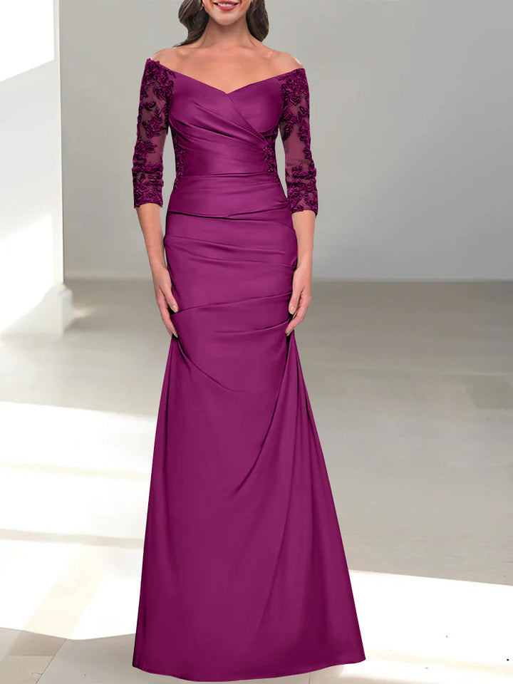 Robe de Mère de la Mariée Trompette/Sirène à Épaules Dénudées et Manches 3/4 avec Perles