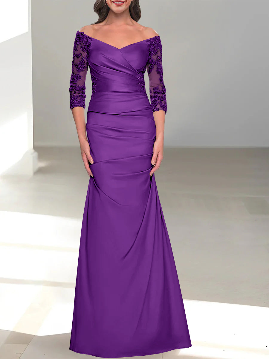 Robe de Mère de la Mariée Trompette/Sirène à Épaules Dénudées et Manches 3/4 avec Perles