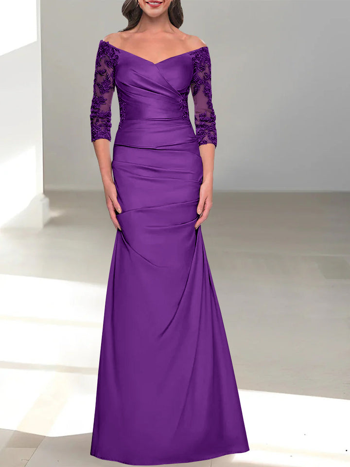 Robe de Mère de la Mariée Trompette/Sirène à Épaules Dénudées et Manches 3/4 avec Perles