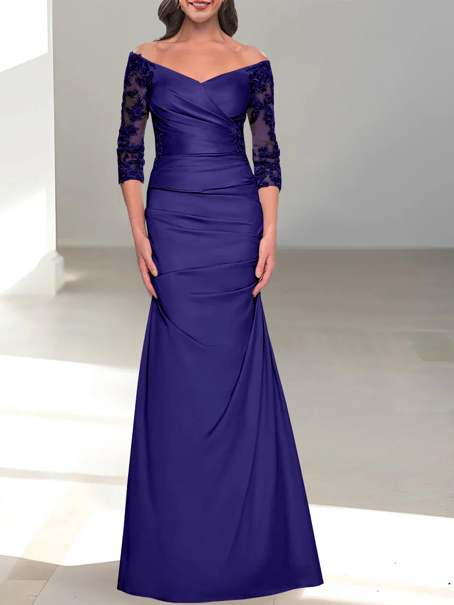 Robe de Mère de la Mariée Trompette/Sirène à Épaules Dénudées et Manches 3/4 avec Perles