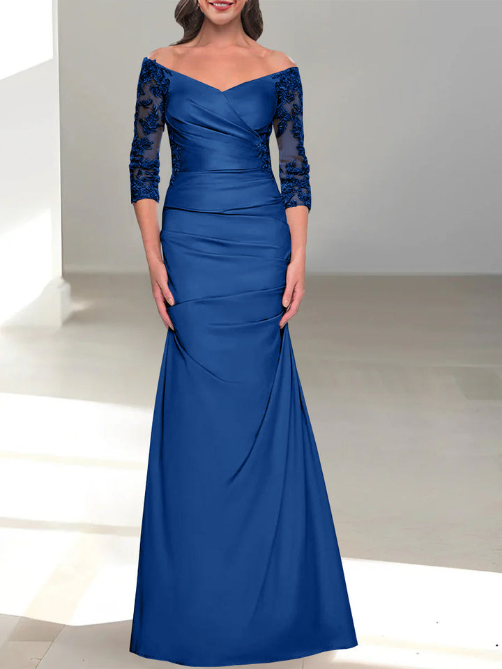 Robe de Mère de la Mariée Trompette/Sirène à Épaules Dénudées et Manches 3/4 avec Perles