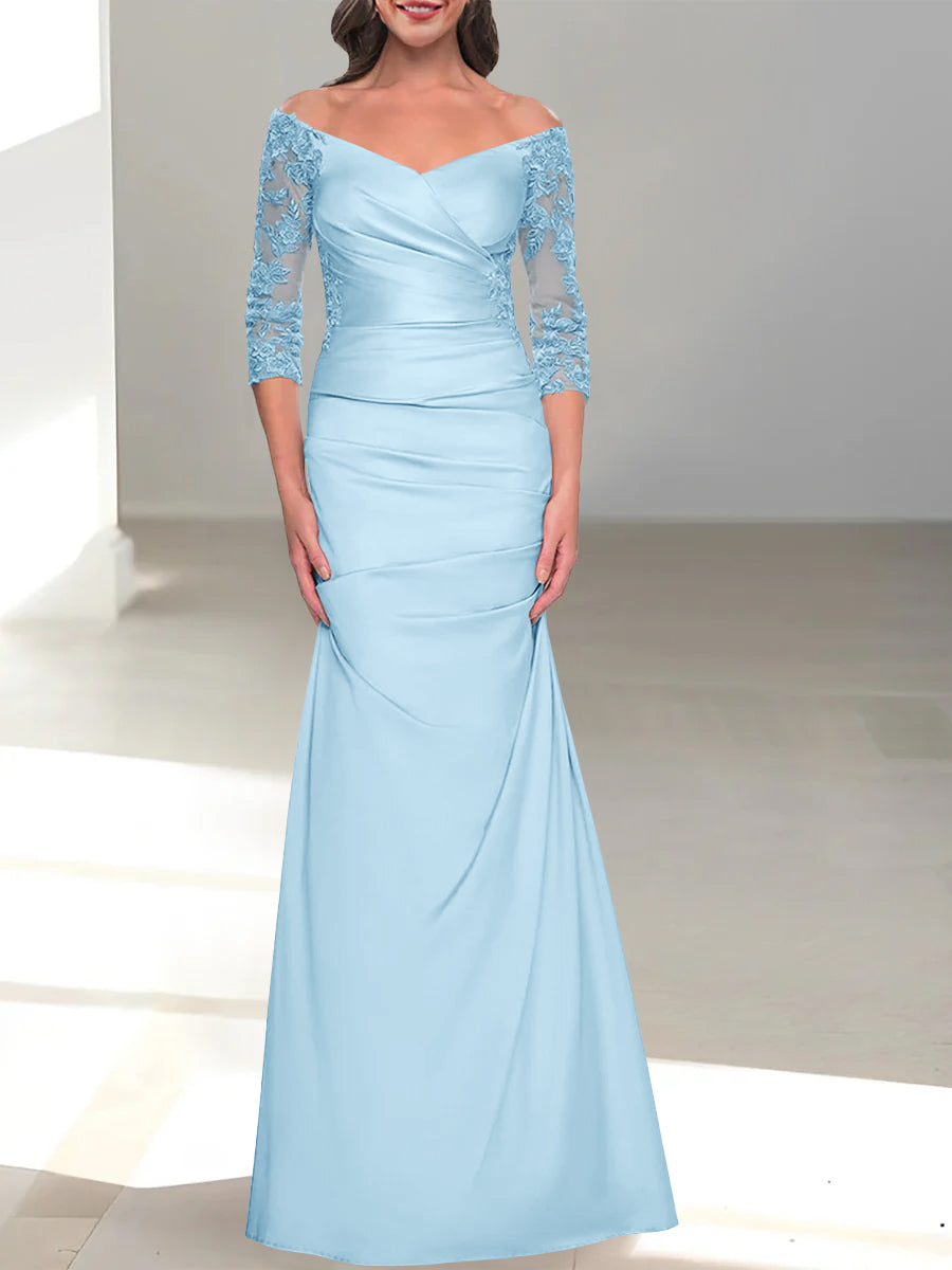 Robe de Mère de la Mariée Trompette/Sirène à Épaules Dénudées et Manches 3/4 avec Perles