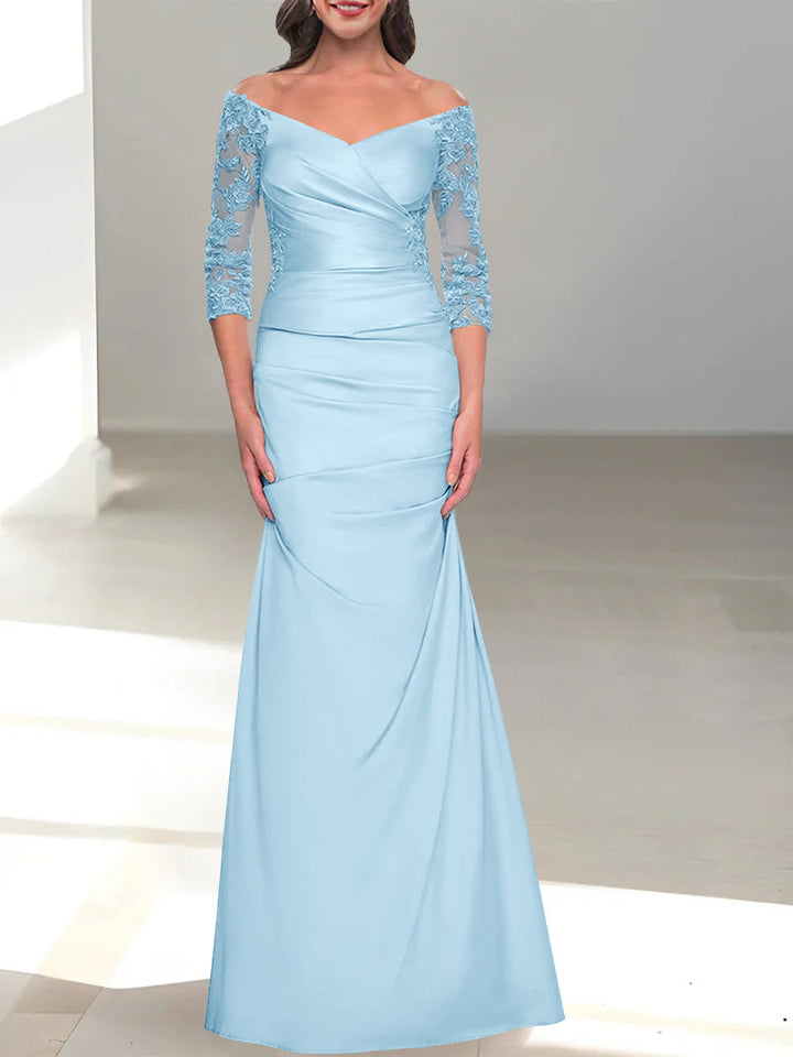 Robe de Mère de la Mariée Trompette/Sirène à Épaules Dénudées et Manches 3/4 avec Perles