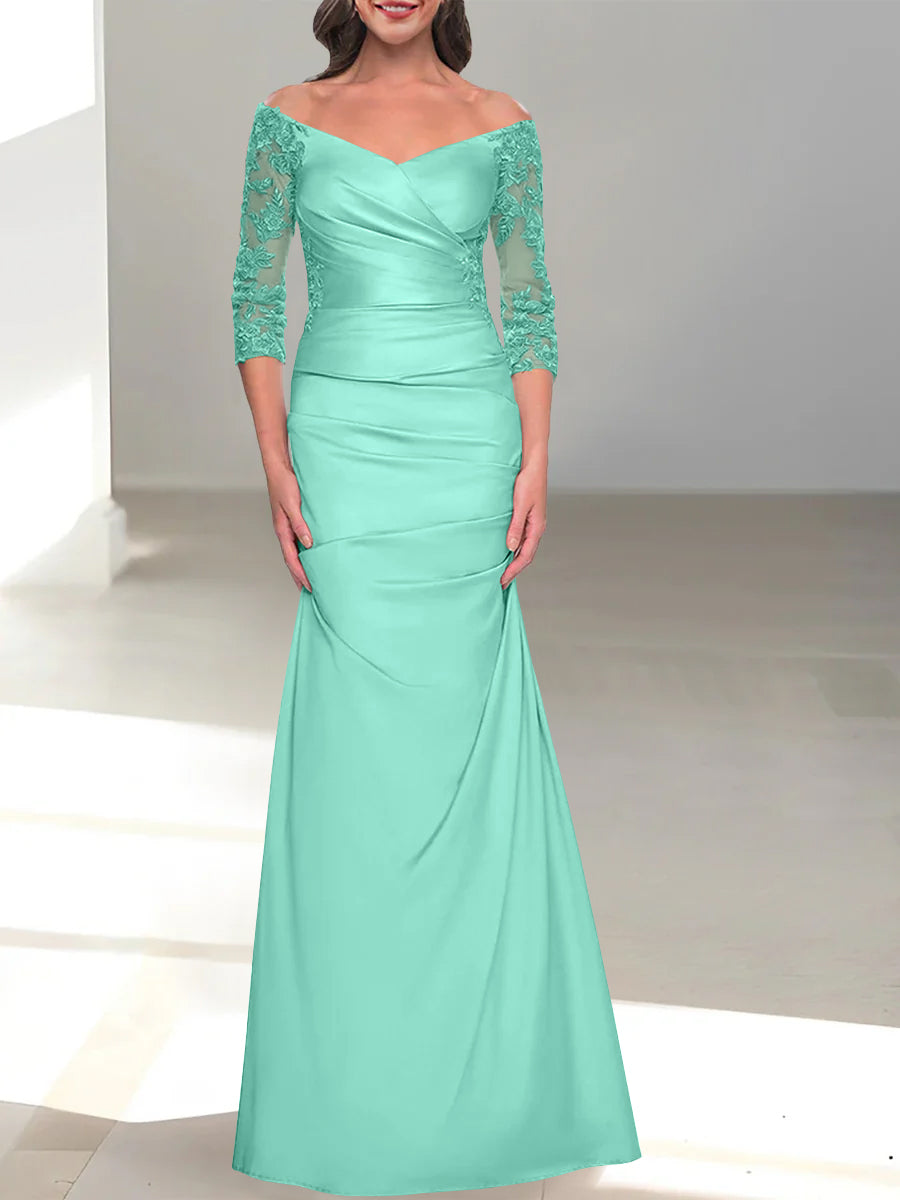 Robe de Mère de la Mariée Trompette/Sirène à Épaules Dénudées et Manches 3/4 avec Perles