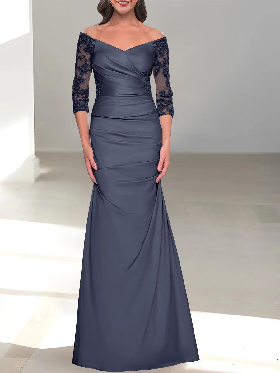 Robe de Mère de la Mariée Trompette/Sirène à Épaules Dénudées et Manches 3/4 avec Perles