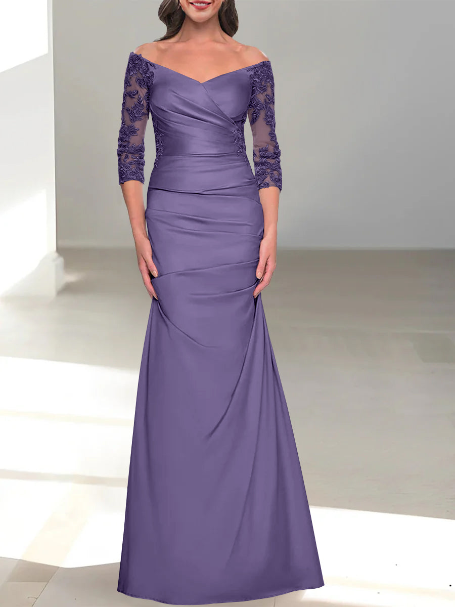Robe de Mère de la Mariée Trompette/Sirène à Épaules Dénudées et Manches 3/4 avec Perles