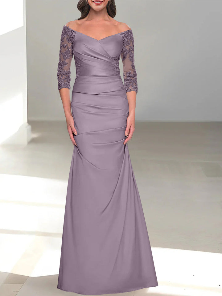 Robe de Mère de la Mariée Trompette/Sirène à Épaules Dénudées et Manches 3/4 avec Perles