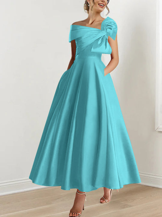 Robe de Mère de la Mariée Coupe A-Line/Princess, Sans Manches, Épaules Dénudées, Longueur Cheville, avec Nœud(S)