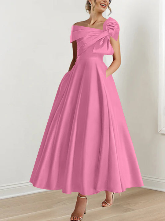Robe de Mère de la Mariée Coupe A-Line/Princess, Sans Manches, Épaules Dénudées, Longueur Cheville, avec Nœud(S)