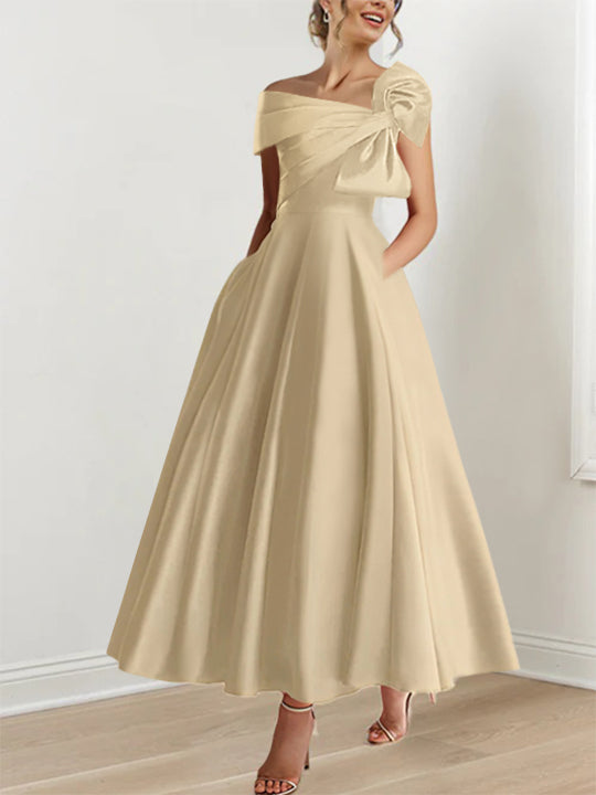 Robe de Mère de la Mariée Coupe A-Line/Princess, Sans Manches, Épaules Dénudées, Longueur Cheville, avec Nœud(S)