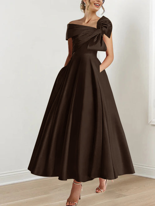 Robe de Mère de la Mariée Coupe A-Line/Princess, Sans Manches, Épaules Dénudées, Longueur Cheville, avec Nœud(S)