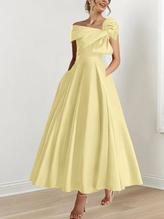 Robe de Mère de la Mariée Coupe A-Line/Princess, Sans Manches, Épaules Dénudées, Longueur Cheville, avec Nœud(S)