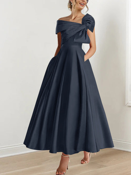 Robe de Mère de la Mariée Coupe A-Line/Princess, Sans Manches, Épaules Dénudées, Longueur Cheville, avec Nœud(S)