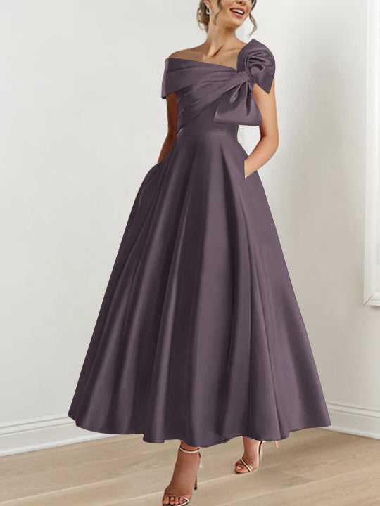 Robe de Mère de la Mariée Coupe A-Line/Princess, Sans Manches, Épaules Dénudées, Longueur Cheville, avec Nœud(S)