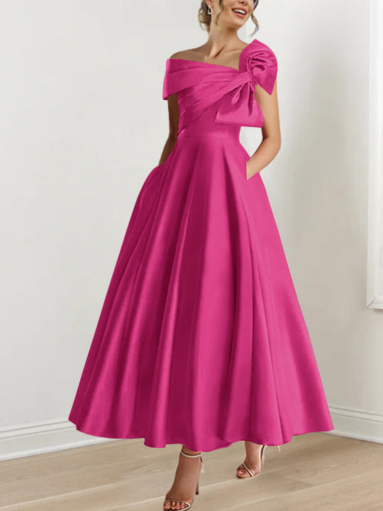 Robe de Mère de la Mariée Coupe A-Line/Princess, Sans Manches, Épaules Dénudées, Longueur Cheville, avec Nœud(S)