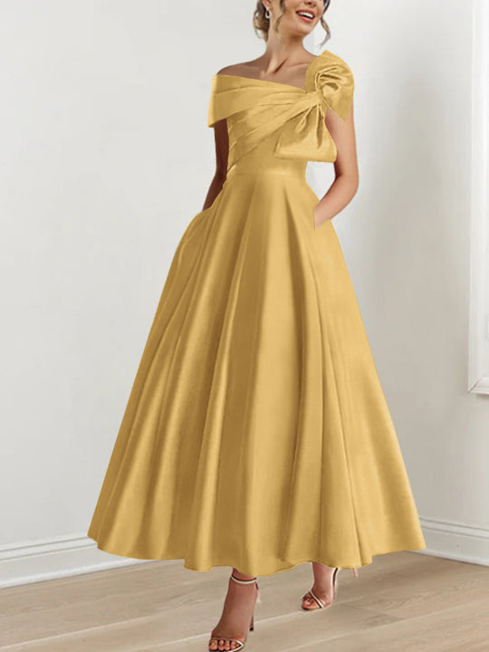 Robe de Mère de la Mariée Coupe A-Line/Princess, Sans Manches, Épaules Dénudées, Longueur Cheville, avec Nœud(S)