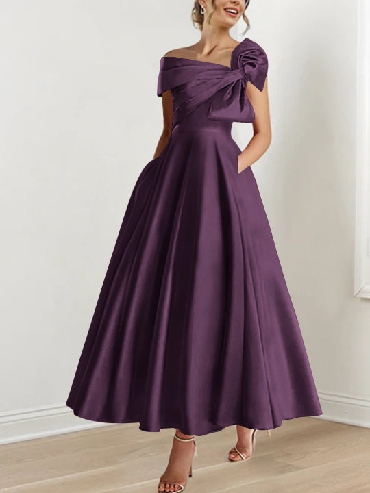 Robe de Mère de la Mariée Coupe A-Line/Princess, Sans Manches, Épaules Dénudées, Longueur Cheville, avec Nœud(S)