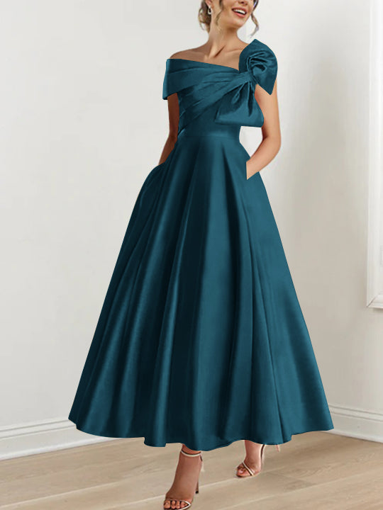 Robe de Mère de la Mariée Coupe A-Line/Princess, Sans Manches, Épaules Dénudées, Longueur Cheville, avec Nœud(S)