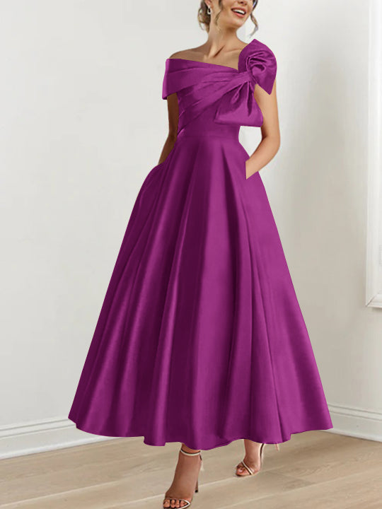 Robe de Mère de la Mariée Coupe A-Line/Princess, Sans Manches, Épaules Dénudées, Longueur Cheville, avec Nœud(S)