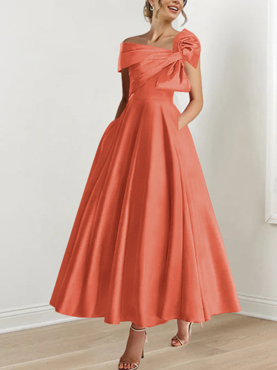 Robe de Mère de la Mariée Coupe A-Line/Princess, Sans Manches, Épaules Dénudées, Longueur Cheville, avec Nœud(S)