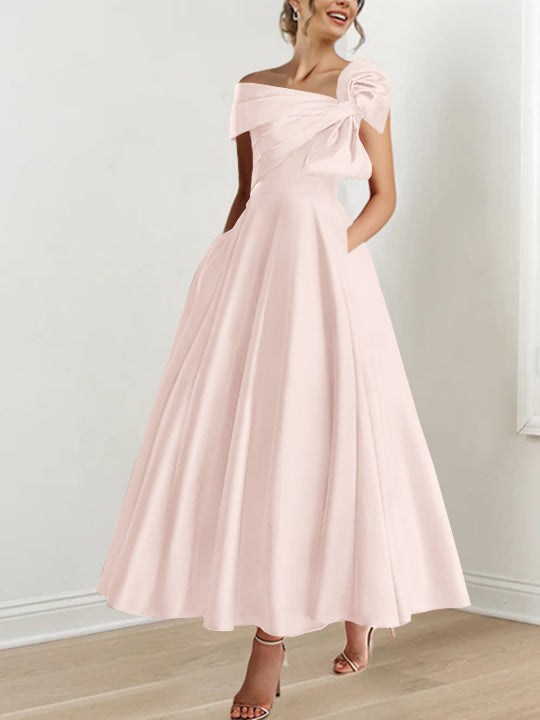 Robe de Mère de la Mariée Coupe A-Line/Princess, Sans Manches, Épaules Dénudées, Longueur Cheville, avec Nœud(S)