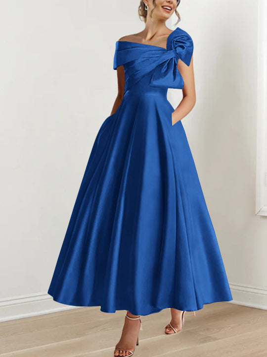 Robe de Mère de la Mariée Coupe A-Line/Princess, Sans Manches, Épaules Dénudées, Longueur Cheville, avec Nœud(S)