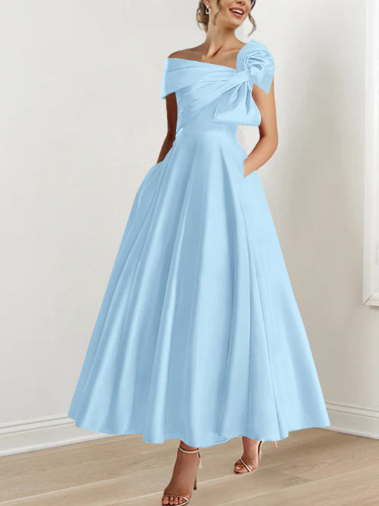 Robe de Mère de la Mariée Coupe A-Line/Princess, Sans Manches, Épaules Dénudées, Longueur Cheville, avec Nœud(S)