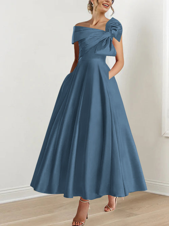 Robe de Mère de la Mariée Coupe A-Line/Princess, Sans Manches, Épaules Dénudées, Longueur Cheville, avec Nœud(S)