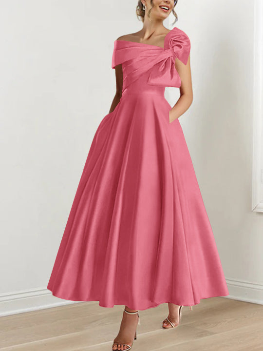 Robe de Mère de la Mariée Coupe A-Line/Princess, Sans Manches, Épaules Dénudées, Longueur Cheville, avec Nœud(S)