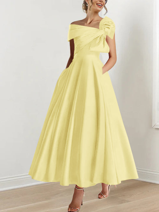 Robe de Mère de la Mariée Coupe A-Line/Princess, Sans Manches, Épaules Dénudées, Longueur Cheville, avec Nœud(S)