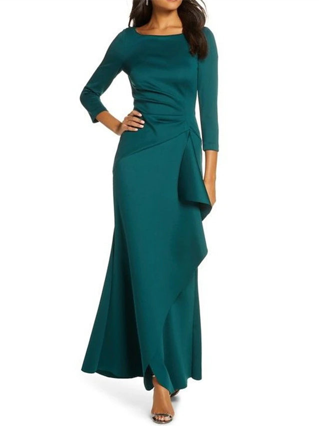 Robe de Mère de la Mariée Fourreau/Colonne à Manches 3/4 et Col Rond avec Volants