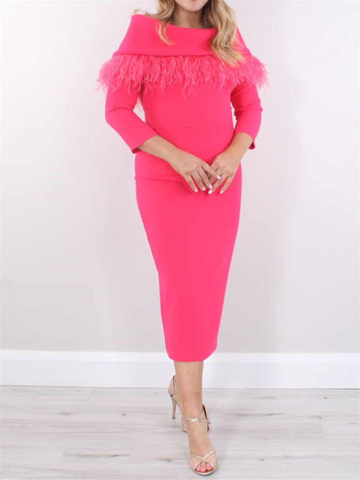 Robe de Mère de la Mariée Fourreau/Colonne Longueur Thé Manches 3/4 avec Plumes