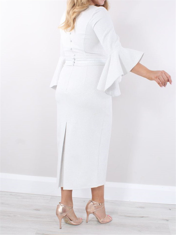 Robe de Mère de la Mariée Fourreau/Colonne à Col Carré, Longueur Thé, Manches 3/4, avec Volants