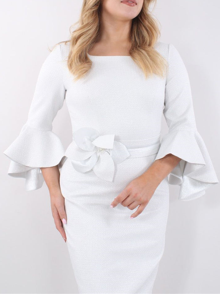 Robe de Mère de la Mariée Fourreau/Colonne à Col Carré, Longueur Thé, Manches 3/4, avec Volants
