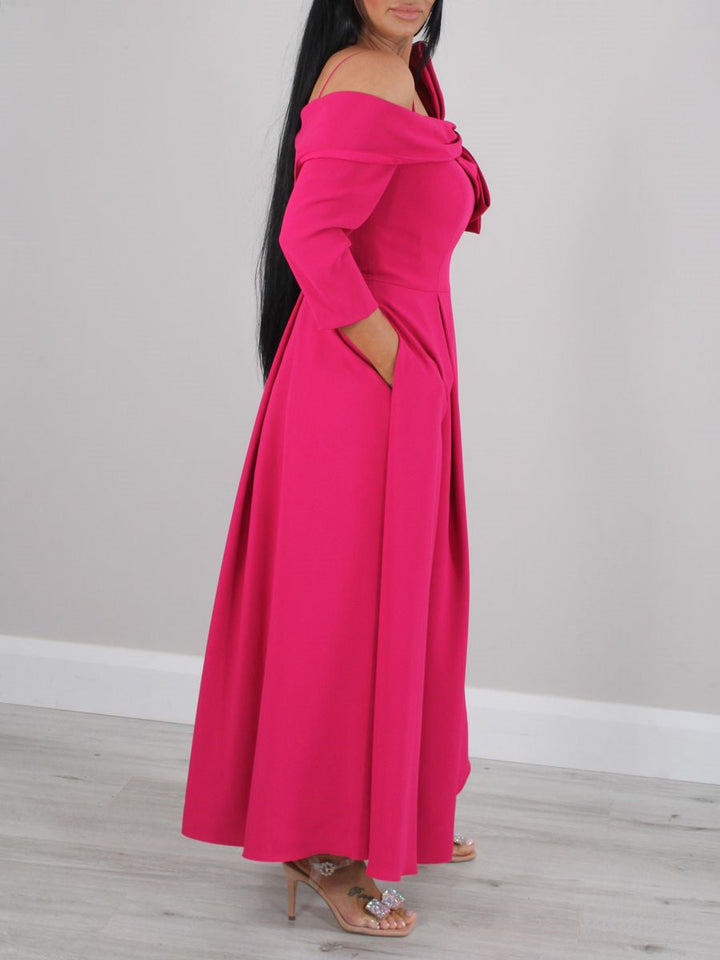 Robe de Mère de la Mariée Coupe A-Line/Princess, Manches 3/4, Épaules Dénudées, Longueur Cheville, avec Nœud(S)