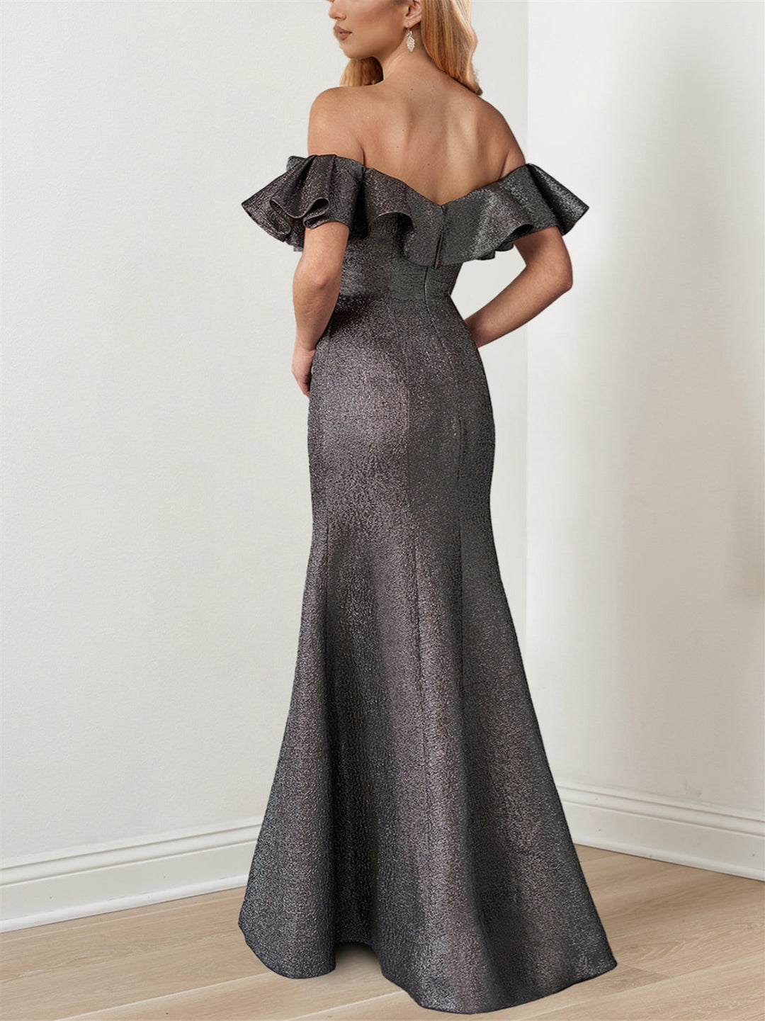 Robe de Mère de la Mariée Sirène/Trompette à Épaules Dénudées et Manches à Volants, Longueur Au Sol