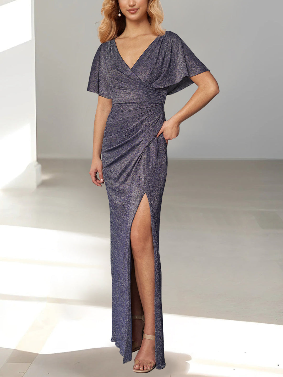 Robe de Mère de la Mariée à Manches Drapées, Col Plongeant, Longueur Au Sol, avec Fente