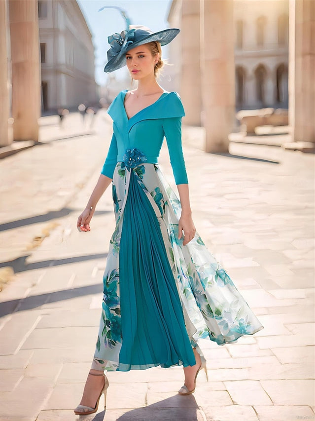 Robe de Mère de la Mariée Coupe A-Line/Princesse, Col en V, Manches 3/4, Motif Floral, Longueur Cheville