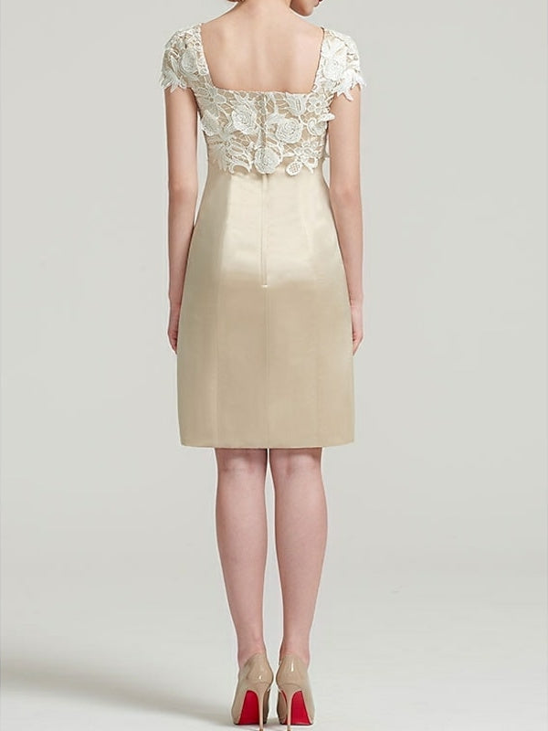 Robe de Mère de la Mariée en Satin à Manches Courtes et Col Carré, Longueur Genou, avec Appliques Plissées